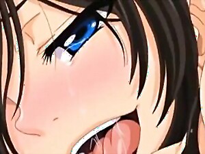 Uma garota de anime de cabelo azul recebe uma gozada bagunçada em uma cena quente e intensa.
